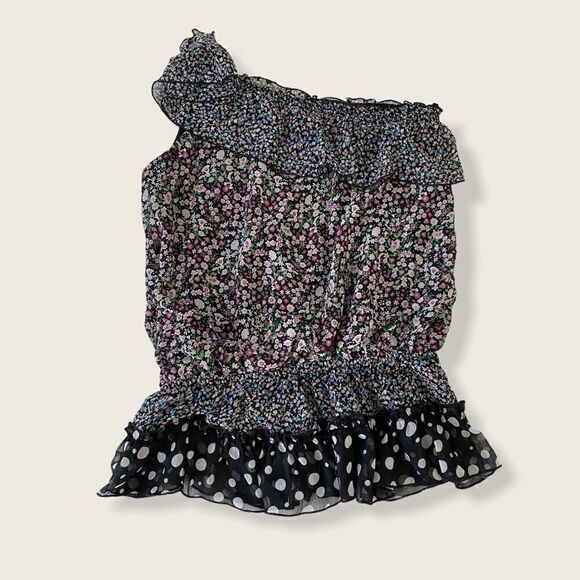 One Shoulder Floral Mixed Print Ruffle Blouse M - Picture 2 of 5